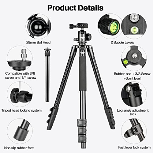 Koolehaoda Camera Tripod 69"/175Cm, Lightweight Compact Aluminum Tripod With 360 Degree Ball Head For Dslr Cameras, Loading Up To 13Lbs / 6Kg #TOP6
