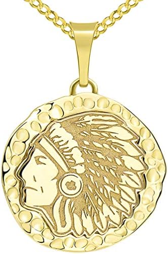 14k Yellow Gold Hand Engraved Native American Chief Indian Head Round Pendant with Cuban Chain Necklace
