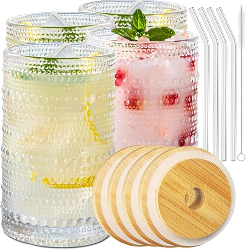 Ework4U 4 Pcs Iced Coffee Glasses Cups with Bamboo Lids and Straws,12 oz Thick Emboss Beaded Drinking Glass Cup Set,Latte Glasses,Ideal for Water,Soda,Gift - with Cleaning Brushes