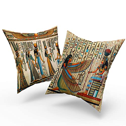 Egypt Egyptian Pillow Cases 18X18 Queen Nefertari Papyrus Ancient Wall Painting Throw Pillow Covers Cotton Vintage History Decorative Cushion Cover Both Sides For Sofa Bedroom Living Room Patio #TOP1