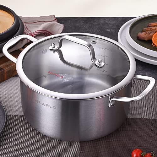 Delarlo Tri-Ply Stainless Steel Stockpot 5Qt, Induction Cooking Pot 18/8 Stockpots Food Grade, Durable Soup Pot Stew Simmering Pot With Glass Lid Suitable For All Stoves, Dishwasher-Safe #TOP4