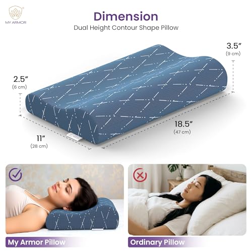 Image of MYARMOR Cool Gel Cervical Pillow for Neck Pain | Contour Design for Neck & Shoulder Pain Relief | Dual Height Ergonomic Support | 18 x 11 x 3.5 Inch | 2 Years Warranty | Blue Checks Cover - Pack of 1
