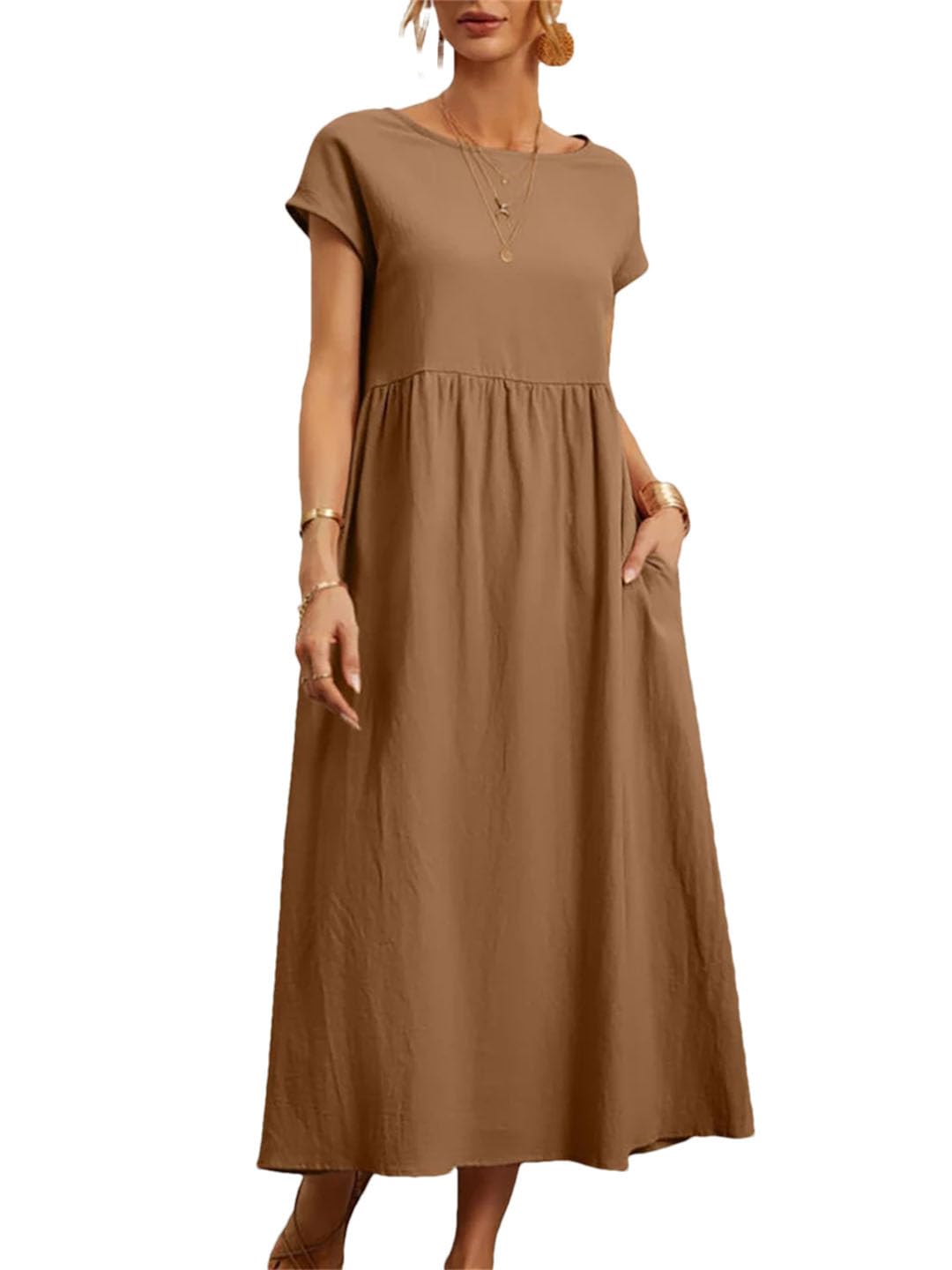 Elegancka sukienka damska z krótkim rękawem, okrągły dekolt, vintage, Harajuku, bawełna, len, luźne kieszenie, długa sukienka