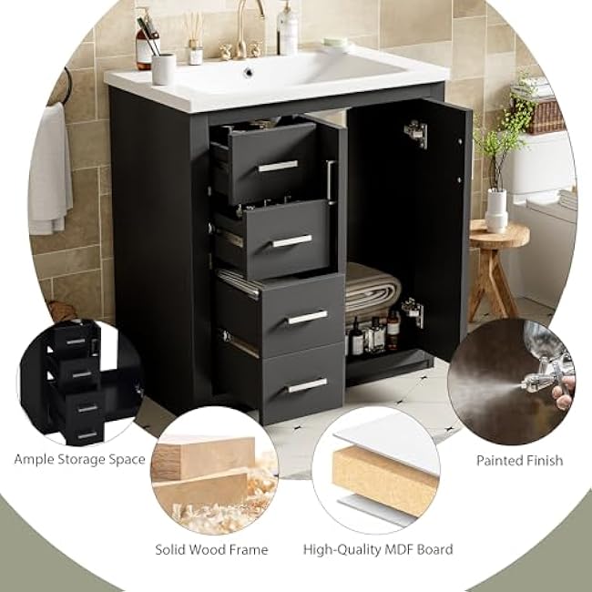 Modern 30'' Bathroom Vanity Cabinet with Ceramic Sink Combo, Solid Wood Frame Bathroom Storage Cabinet, Freestanding Vanity Set with 3 Drawers& Soft Closing Doors, Gold Metal Handle (Black-31)