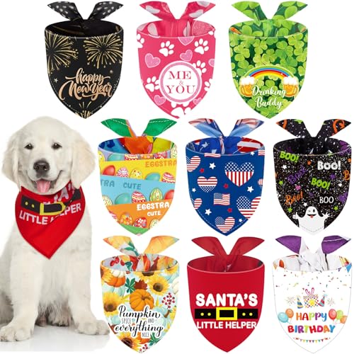 Weewooday 9 Pcs Holiday Dog Bandanas Christmas Happy New Year Valentines Bandanas Birthday Scarf Adjustable Large Pet Washable Scarves for Large Dog Easter St. Patrick's Day Supply(Classic Pattern)