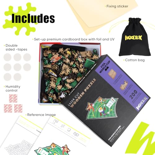 Image of FIFA World Cup 2026 Mascot Wooden Jigsaw Puzzle for Kids & Adults, USA - Canada - Mexico Mascot 200 Pieces, Unique Shape Puzzle, Officially Licensed, Sports Gift for Fans, 5MM Thick,We are 2026 | Wooden Jigsaw Puzzle