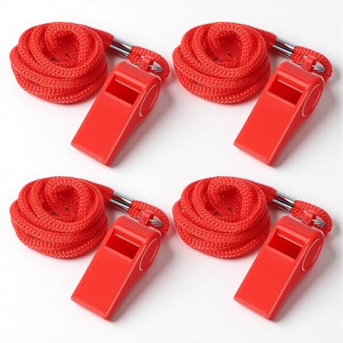 Xyembu 4 Packs Loud Crisp Sound Sports Whistles Plastic Sports Whistles with Lanyard Whistle for Coaches Whistle with Lanyard for Teacher Referees Coaches Training Pets Red