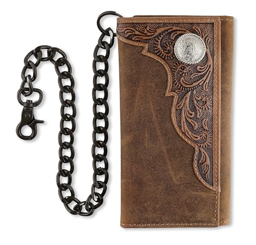 Image of F&L CLASSIC RFID Blocking Mens Tri-fold Long Style Cowhide Leather Steel Chain Wallet,brown western,212-82