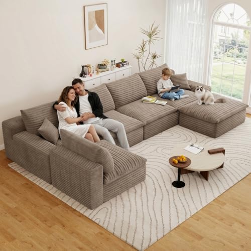 Image of 136 inch Cloud Couch Modular Sectional Sofa for Living Room, U-Shape Boneless Couch with Deep Seat, Modern Corduroy 5-Seater with Ottoman, No Assembly Required, Camel