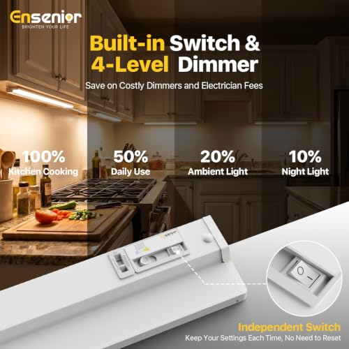 Image of Ensenior Hardwired Under Cabinet Lighting, 18 Inch 10W Under Cabinet Lights | Built-in 4-Level Dimmer & Switch, Premium Aluminum, Easy Link, True-color CRI 90+, 5 Colors, Moisture-Proof, FCC