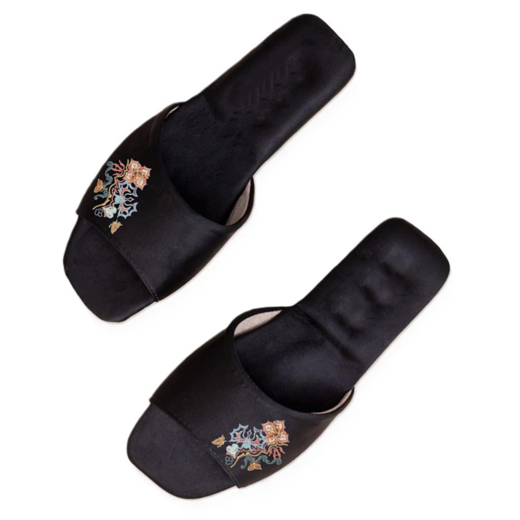 ZNEL Mujer Patrón Floral Bordado Punta Abierta Pantuflas Planas De Raso Zapatos De Casa Suela Antideslizante Zapatillas(40/41 EU, Black)