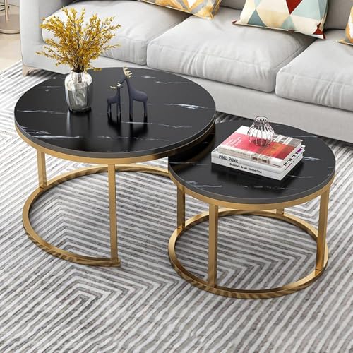 Image of Elegance Iron & Wooden Round Retro Golden Side Tables - Night Stand, Bedside, Sofa Side, Coffee, Centre, Nesting and Bar Table Set of 2 (Golden & Black)