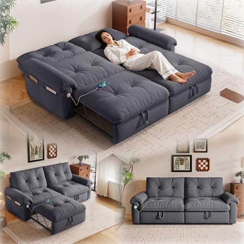 77" Queen Size Sofa Bed, Loveseat Sleeper Sofa with Pull Out Bed, Pockets and USB, Modern 2 Seater Convertible Small Couch for Living Room Bedroom Apartment, Gray - Thumbnail 3