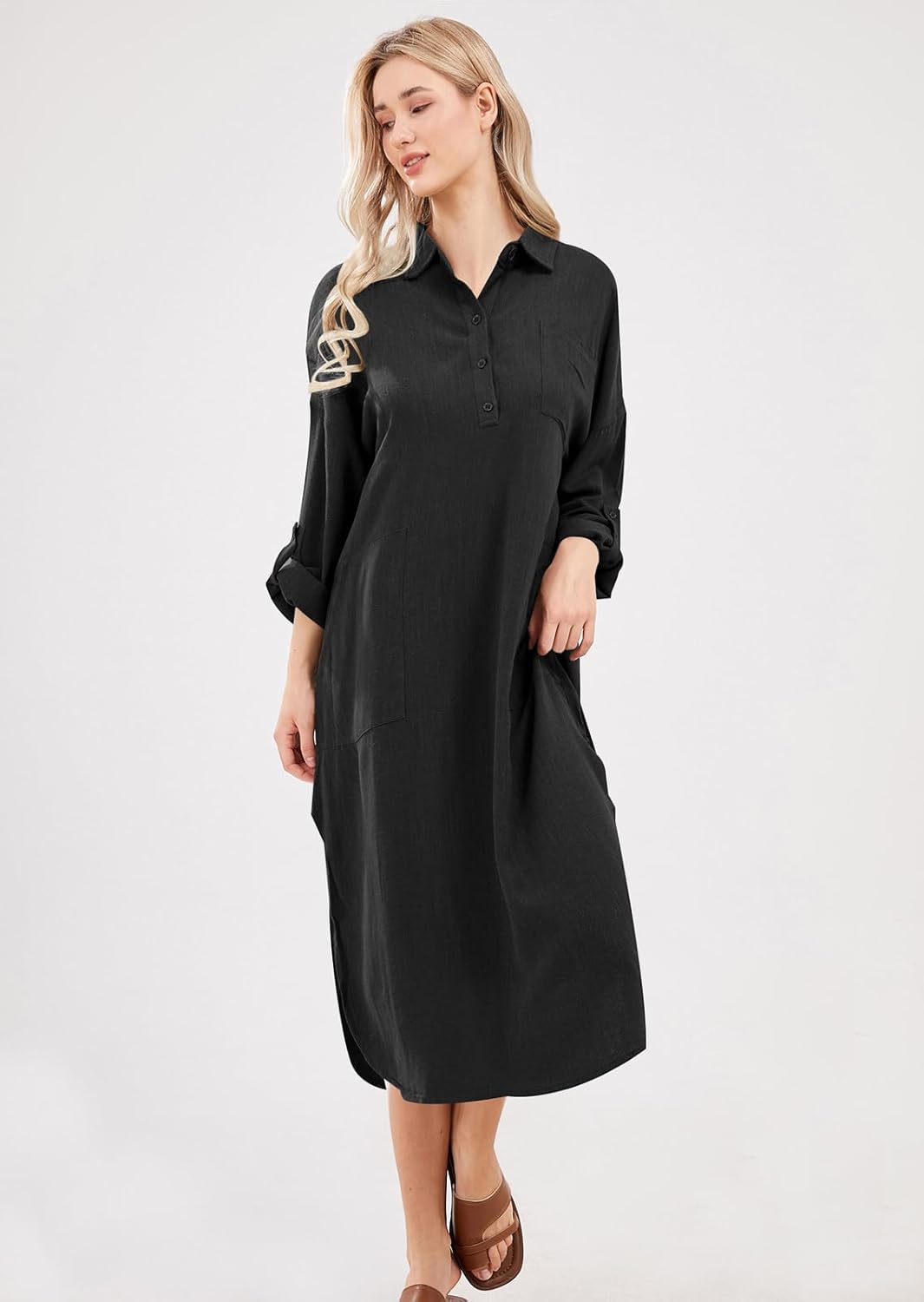 chouyatou Women's Spring Summer Cotton Linen Shirt Dress Button Down Casual Loose Maxi Shift Dress - Image 3