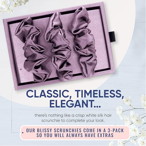Image of Blissy Silk Scrunchies (3 Pack) - 100% Pure Mulberry Silk - 22 Momme 6A High-Grade Fibers Scrunchie for Straight & Curly Hair - Preventing Breakage, Tangling, & Creasing (Lavender Skinny)
