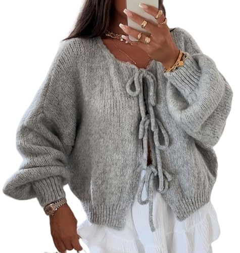 Womens V Neck Cardigan Sweater Bows Tie Open Front Chunky Knitwear Lightweight Coats