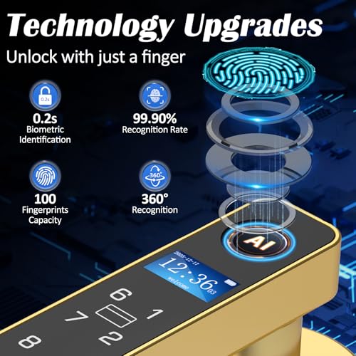 Fingerprint Keyless Entry Bedroom Door Lock with Code RFID Card NFC APP Keypad, Smart Biometric Automatic Interior Door Handle with Lock for Indoor Hotel Pantry Apartment Office Home, Gold — view 4