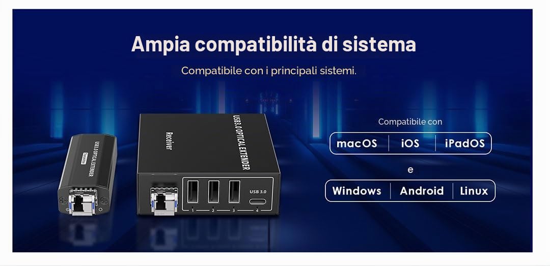 PremiumCord Extender Ottico USB a 4 Porte fino a 300 m, USB 3.2 SuperSpeed ​​5 Gbit/s, Extender in Fibra Multimodale, Alloggiamento In Metallo, Nero
