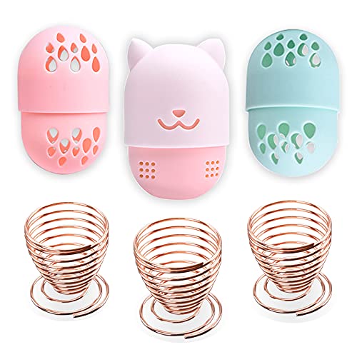 Qinmay 3 Cosmetic Sponge Blender Containers and 3 Cosmetic Sponge Drying Racks/Easy-to-carry Beauty Sponge Rack to Keep it Safe and Hygienic/Cosmetic Sponge Travel Set