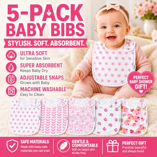 Image of KiddyStar Premium 5-Pack Organic Cotton Baby Bibs for Drooling and Teething | Soft, 2-Layers, Absorbent Bibs for Baby Girl, Boy | Easy to Clean & Put On Bibs for Toddler, Newborn, Infant, 0-36 Months