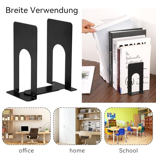 Buchstütze Metall, 2er Pack 80 x 70 x 130mm Buchstützen, Bücherhalter für Bücher, Magazine und DVDs Organzier, Schwarz Bücher Halterung Regal für Kinder, Schule, Bibliothek