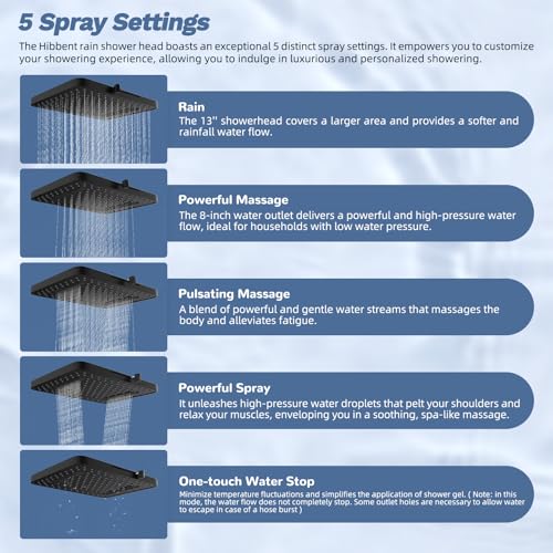 Hibbent 5-Mode 13" Rain Shower head, 4-Spray Handheld Shower, Matte Black - image 2