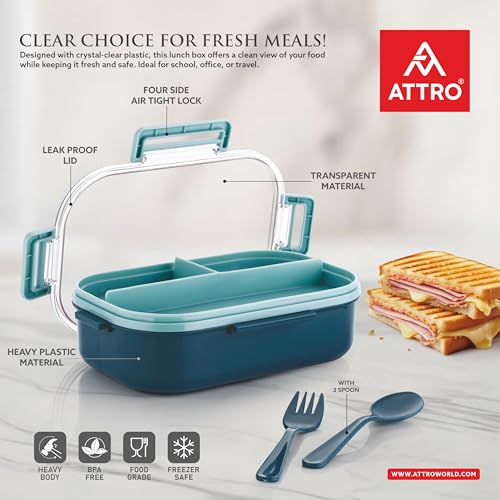 Image of ATTRO Carry Fresh Kids Plastic Lunch Box 3 Compartments & Fork, BPA-Free, Food-Grade, Ideal for School, Picnic, Travel & Outdoor Use- Blue, 500 ml