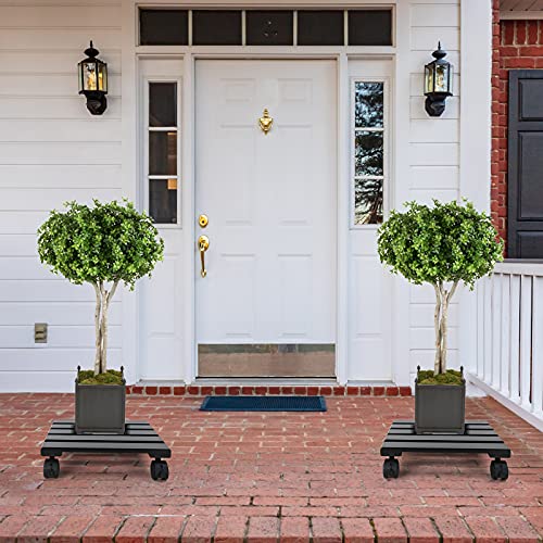 Alladinbox Plant Caddy 2 Set 12 Inch Wooden Heavy Duty Plant Stand With Lockable Caster Wheels Plant Dolly Indoor/Outdoor Holds Up 150 Lbs Strong And Sturdy Design, Charcoal #TOP3