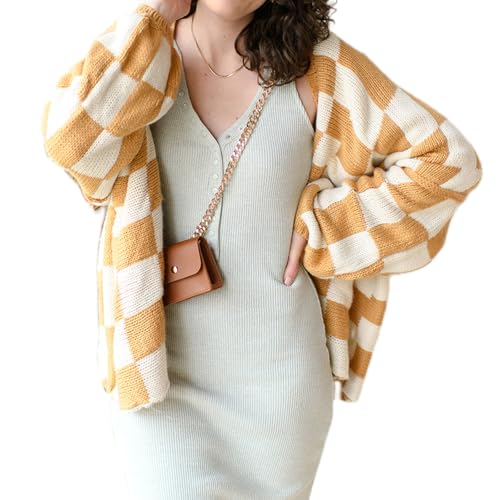 Image of Womens Checkered Cardigan Sweater Loose Long Sleeve Open Front Sweater Knit Coat Casual Oversized Plaid Cardigan Tops