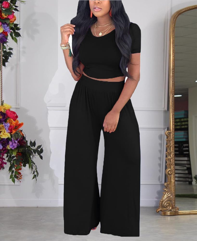 HBQ Women's Two Piece Outfits Casual Sweatsuits Backless Short Sleeve Crop Tops Wide Leg Pants Lounge Sets Tracksuit-Black-L - Image 2