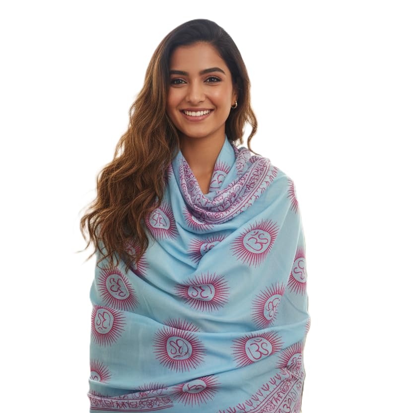 Powder Blue Om Sun Mandala Print Rayon Sarong | Hand Screen Print | 200×103 cm-image-0