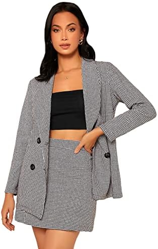 WDIRARA Women's 2 Piece Outfits Houndstooth Double Breasted Blazer and Skirt Suit Set Black and White M