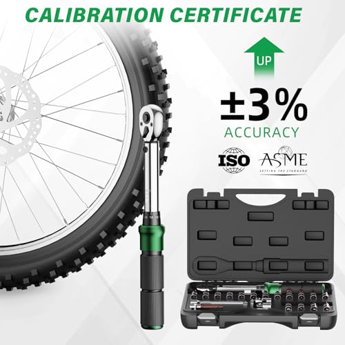 21PCS Bike Torque Wrench Set 2-24 Nm, 1/4" Drive, ±3% Accuracy, 72 Teeth Dual-Direction Adjustable, with Extension Bar, Socket Bits (Hex & Torx & Phillips), for Mountain Bike, Bicycle Repair