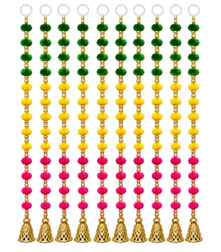 Image of BindianPom Pom Beads & Golden Bell Toran for Main Door, Pack of 10 Door Hanging Decorative Items, Home Decor Wall Hanging Decoration, Pooja Room Decor, Festival Decoration