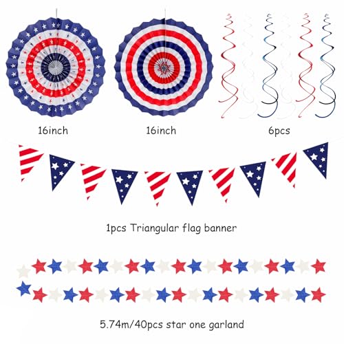 Image of Red-White Blue Memorial-Day Patriotic Decorations - 21pcs 4th Fourth of July Paper Lanterns Fans,Tissue Pom Poms Streamers,Honeycomb Balls,USA Americana Independence Banner Decor Burgleda