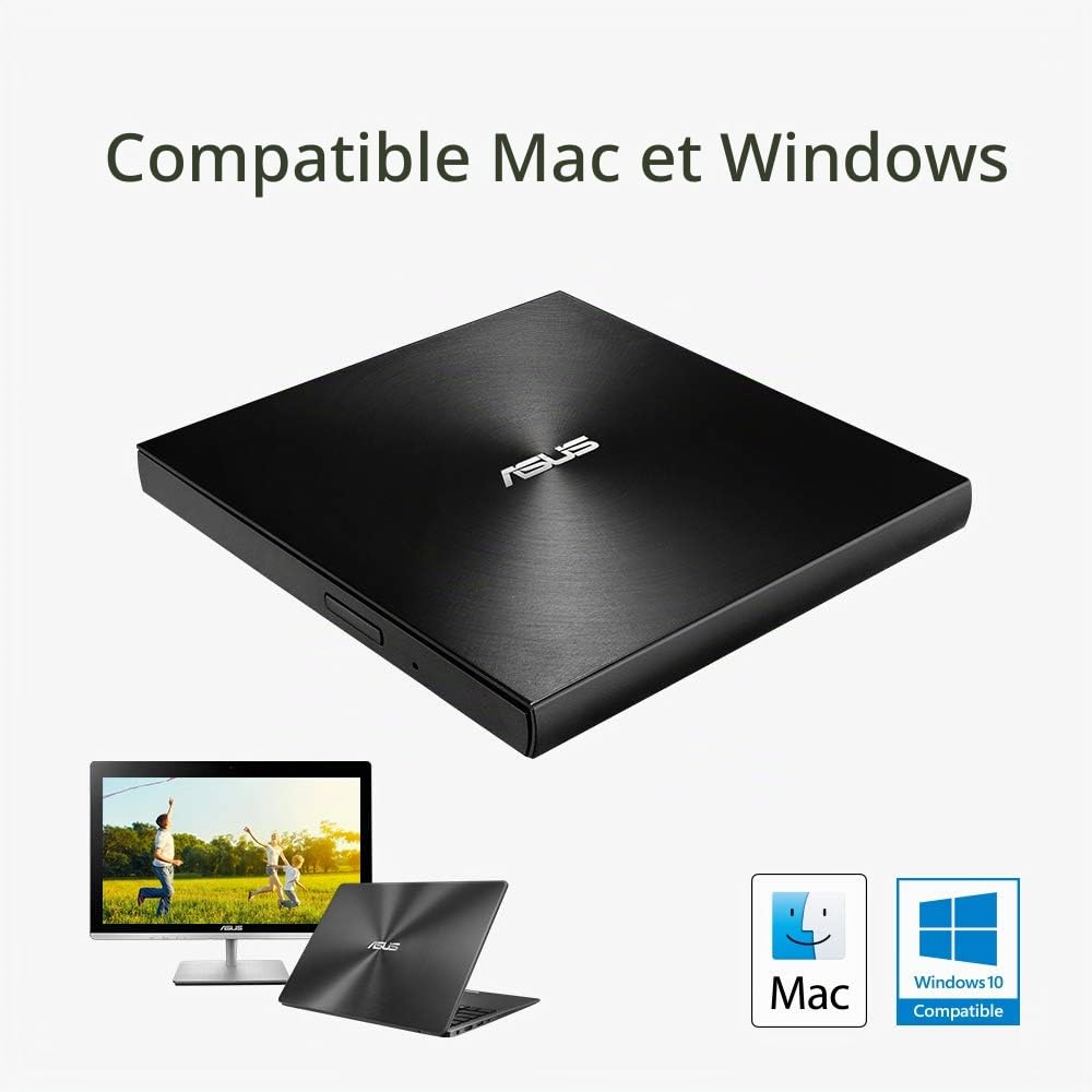 ASUS ZenDrive U9M Noir (SDRW-08U9M-U) – Lecteur Graveur CD / DVD x8 ultra-compact, M-Disc supporté, compatible avec USB 3.0 Type-C & Type-A pour Windows & Mac OS