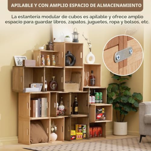 Miniatura 4 de Kirigen Organizador De Cesta De Cubo De Almacenamiento De Madera Apilable Para El Hogar, Libros, Ropa, Juguetes, Oficina, Cubo, Estantería, Armario, Estante C26 Marrón