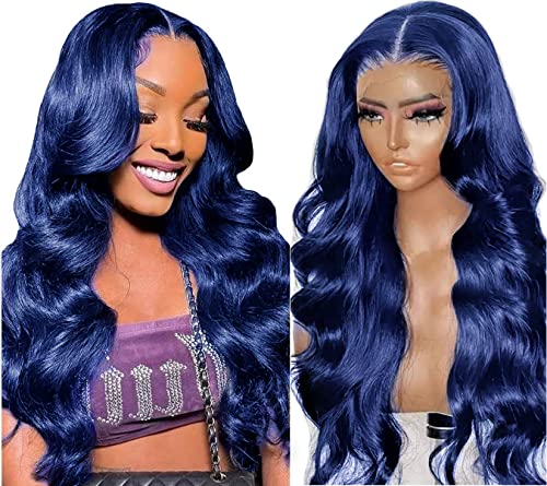 Perruque de cheveux humains ondulés bleu foncé avec dentelle frontale 33x10 cm