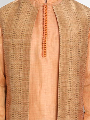 Image of VASTRAMAY Men's Beige Cotton Silk Blend Kurta, Ethnic Jacket and Pyjama Set