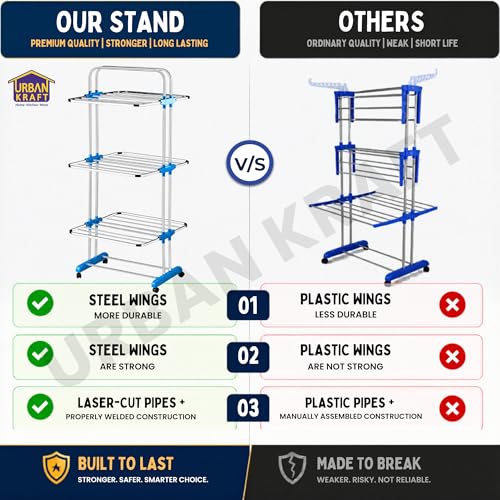 Image of URBAN KRAFT 3 Tier Stainless Steel Foldable Cloth Drying Stand | Premium Clothes Rack for Drying | Heavy Duty Clothes Dryer Stand | Laundry Racks for Drying - Indoor /Balcony