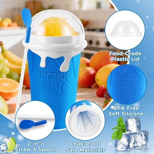 Image of FANS-ONE 500ML Slushie Cup, DIY Magic Slushy Maker Cup, Cool Stuff Things Gadgets for Juices Milk Yogurt Ice Cream Make, Quick Frozen Slushy Cups with Lids & Straw for Boys Girls Teens Kids, Blue