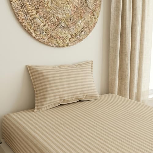 Image of Filymore Single Bed Bedsheet with 1 Pillow Cover, 300 TC Microfiber Satin Striped Bedsheet, Soft & Breathable Single Size Bedcover 90x60 Inches, Cream