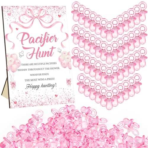 Image of Thyle 51 Pcs Pink Bow Pacifier Hunt Baby Shower Games Include Hunt Sign and 50 Acrylic Pacifiers Coquette Bow Themed Baby Shower Game Decoration Gift Sets for Girls Gender Reveal Party Decor