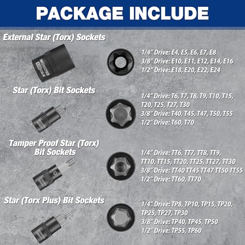 Image of WORKPRO 60-piece Master Torx Bit Set,CR-V Torx Sockets & E Socket Set | 1 /4 inch, 3 /8 inch, 1 /2 inch Drive Bits, E4-E24 e Socket Set, T6-T70 TT6-TT70, TP8-TP60 Torx Socket Set, S2 Steel Bits, CR-V Sockets