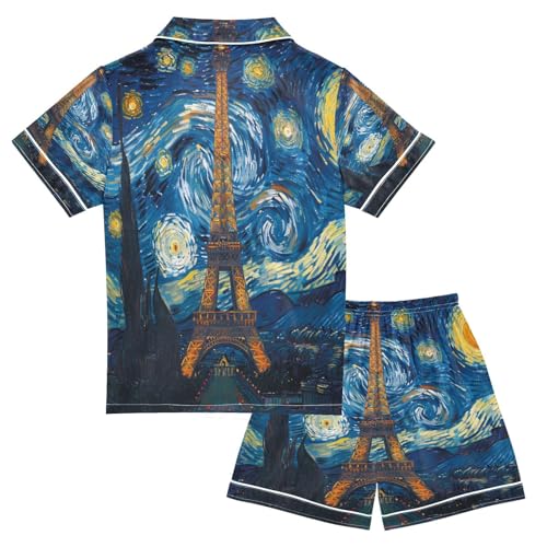 ALAZA Van Gogh Starry Sky Eiffel Tower Satin Pajamas Set Short Sleeve Button Down Sleepwear Summer Pjs 2 Piece2