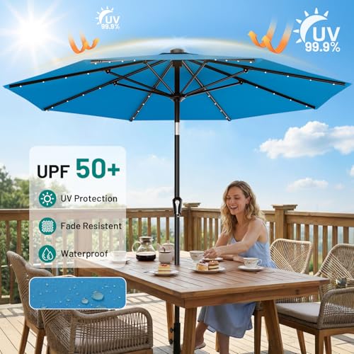 Image of AreShark 9FT Patio Umbrella with Solar Lights, 32 Lighted Pool Umbrella w /Tilt and Crank, Outdoor Market Solar Umbrellas for Garden, Deck, Backyard, Pool and Beach, Royal Blue