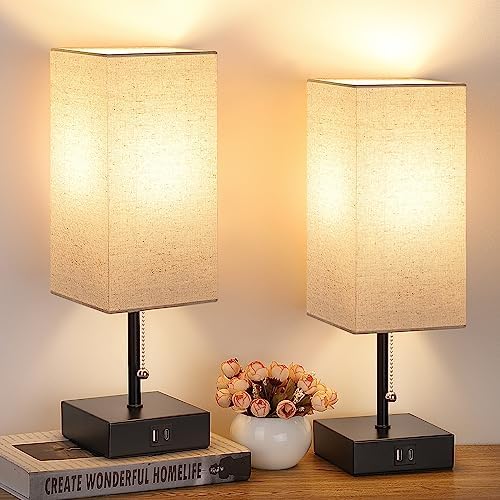 GGOYING Set of 2 Bedside Table Lamp, Pull Chain Table Lamp with USB C+A Charging Ports, 2700K LED Bulb, Fabric Linen Lampshade, Nightstand Lamp for End Table Livingroom Bedroom Office Guestroom