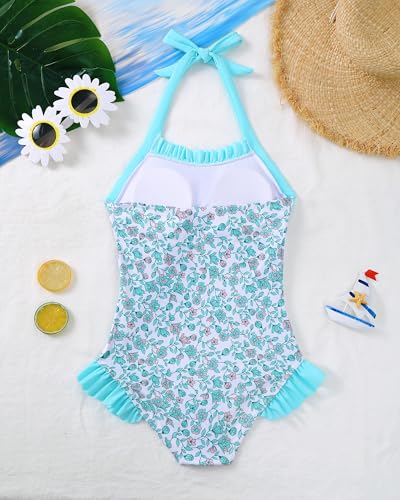Image of Mioglrie Kids Girls Swimsuit One Piece Bathing Suits Girls' Swimwear 7-14Y | Halter Neck Swimsuits,Striped Design,Ruffle Design,Built‑in Chest Pads,1 Piece Swimwear for Beach,Summer Party