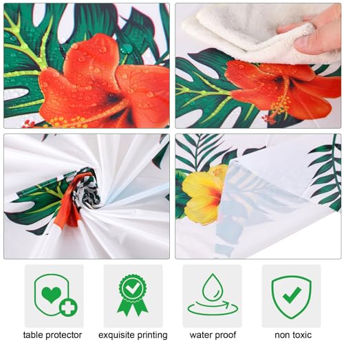 Image of Oudain 12 Pcs 84 inch Summer Round Hawaiian Tablecloths, Lagre Tropical Luau Plastic Table Covers with Palm Leaves & Hibiscus Flower, Aloha Tiki Beach Pool Party Decorations Supplies (White)