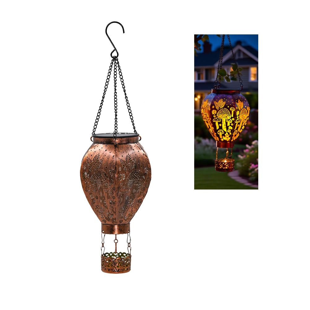 Solar Powered Hot Air Balloon Hanging Lantern, Night Party Decor, Metal Hollow Outdoor Light for Garden Balcony Pathway Patio Yard Tree Porch (Style A)